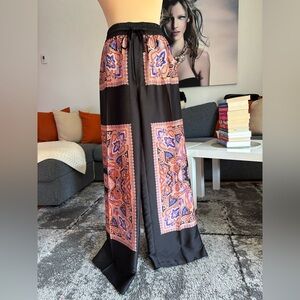 Zara Wide-Leg Satin Pants in Black with Coral & Blue Paisley